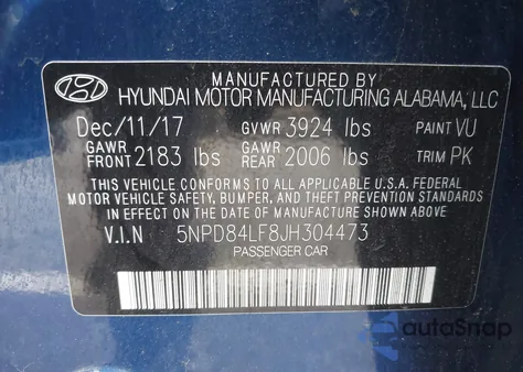 2018 Hyundai Elantra Sel from USA, damaged, VIN 5NPD84LF8JH304473